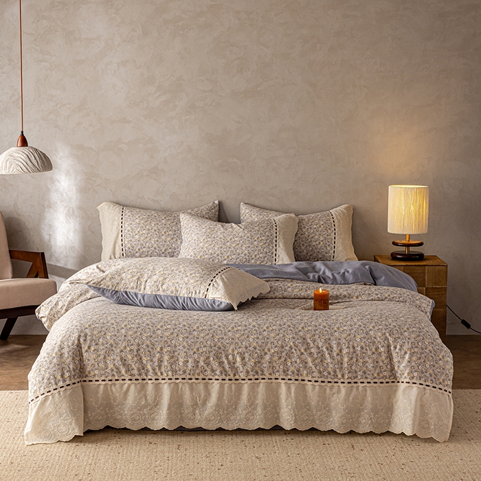 91家纺网 家纺一手货源 找家纺 芯贝儿 2025新款加厚全m花边双层纱水洗m四件套 秋海棠