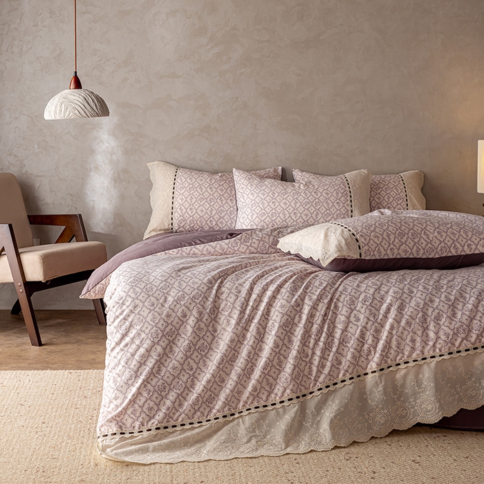 91家纺网 家纺一手货源 找家纺 芯贝儿 2025新款加厚全m花边双层纱水洗m四件套 安娜粉