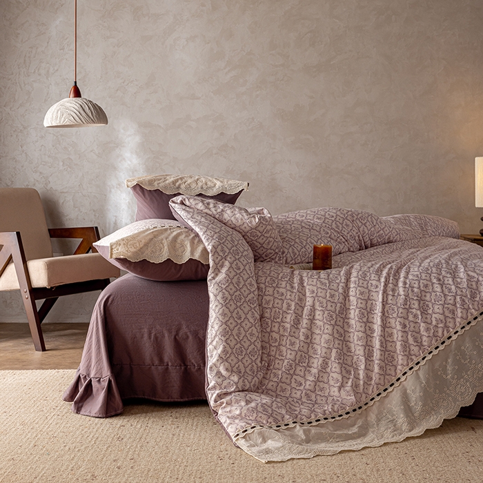 91家纺网 家纺一手货源 找家纺 芯贝儿 2025新款加厚全m花边双层纱水洗m四件套 安娜粉