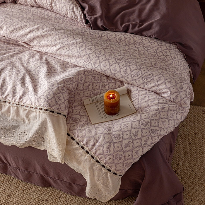 91家纺网 家纺一手货源 找家纺 芯贝儿 2025新款加厚全m花边双层纱水洗m四件套 安娜粉