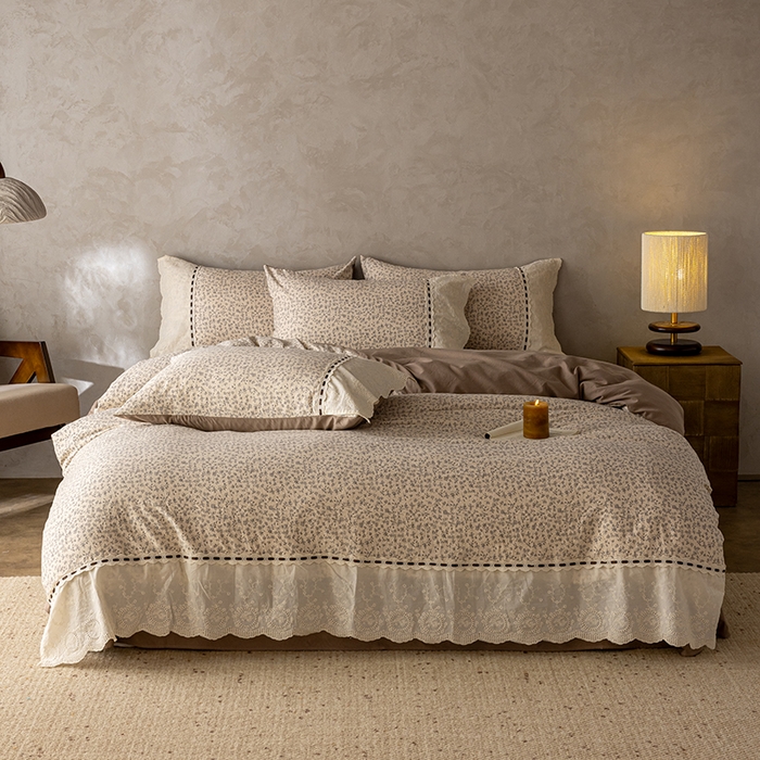 91家纺网 家纺一手货源 找家纺 芯贝儿 2025新款加厚全m花边双层纱水洗m四件套 夕颜