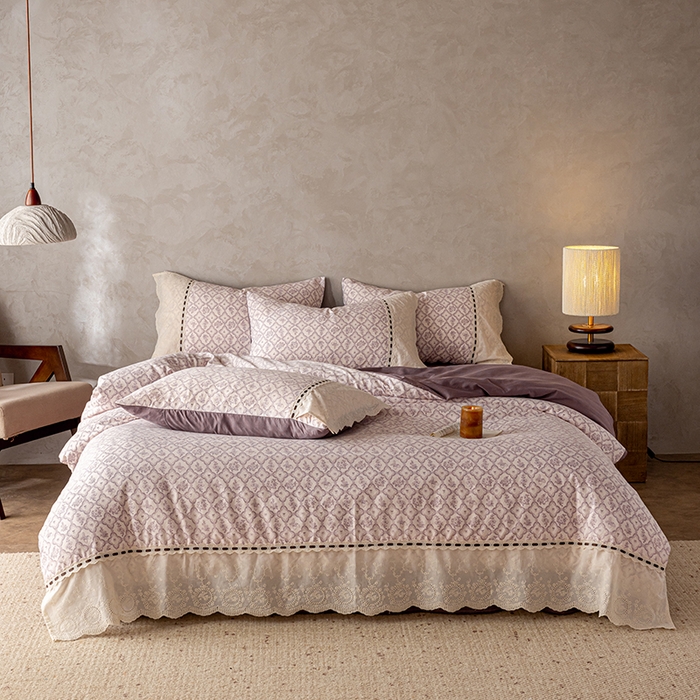 91家纺网 家纺一手货源 找家纺 芯贝儿 2025新款加厚全m花边双层纱水洗m四件套 安娜粉