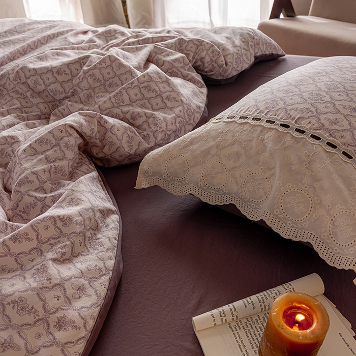 91家纺网 家纺一手货源 找家纺 芯贝儿 2025新款加厚全m花边双层纱水洗m四件套 安娜粉