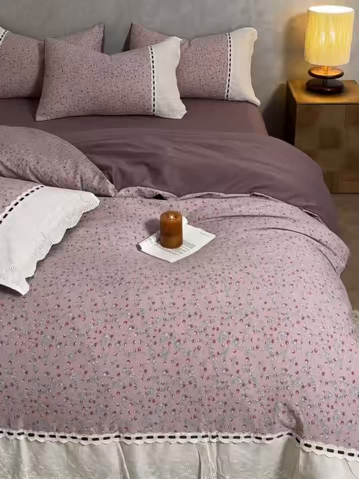 91家纺网 家纺一手货源 找家纺 芯贝儿 2025新款加厚全m花边双层纱水洗m四件套 兰兮