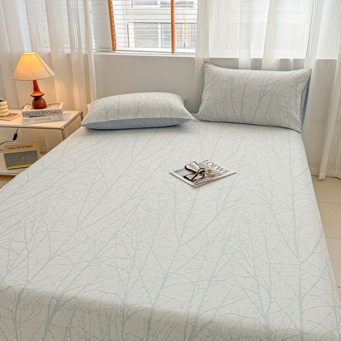 91家纺网 家纺一手货源 找家纺 眠博士 2025新款全棉纯棉三层纱床笠单品床笠床笠单件 三层纱床笠-春枝-蓝