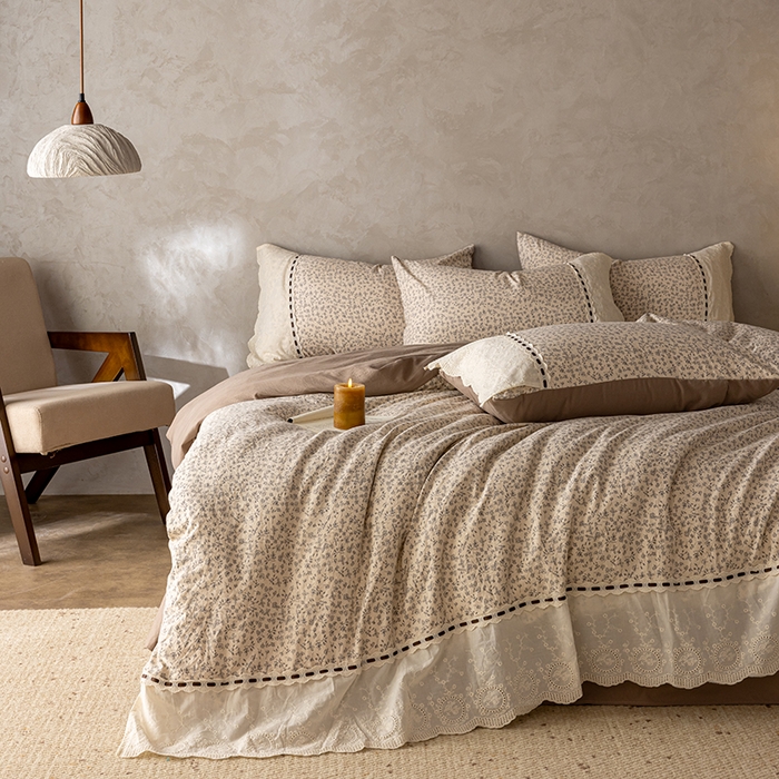 91家纺网 家纺一手货源 找家纺 芯贝儿 2025新款加厚全m花边双层纱水洗m四件套 夕颜