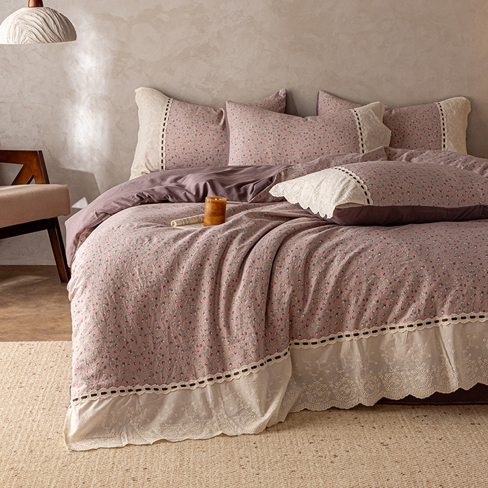 91家纺网 家纺一手货源 找家纺 芯贝儿 2025新款加厚全m花边双层纱水洗m四件套 兰兮