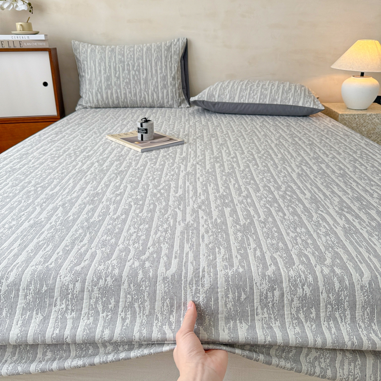 91家纺网 家纺一手货源 找家纺 眠博士 2025新款全棉纯棉三层纱床笠单品床笠床笠单件 三层纱床笠-流光灰