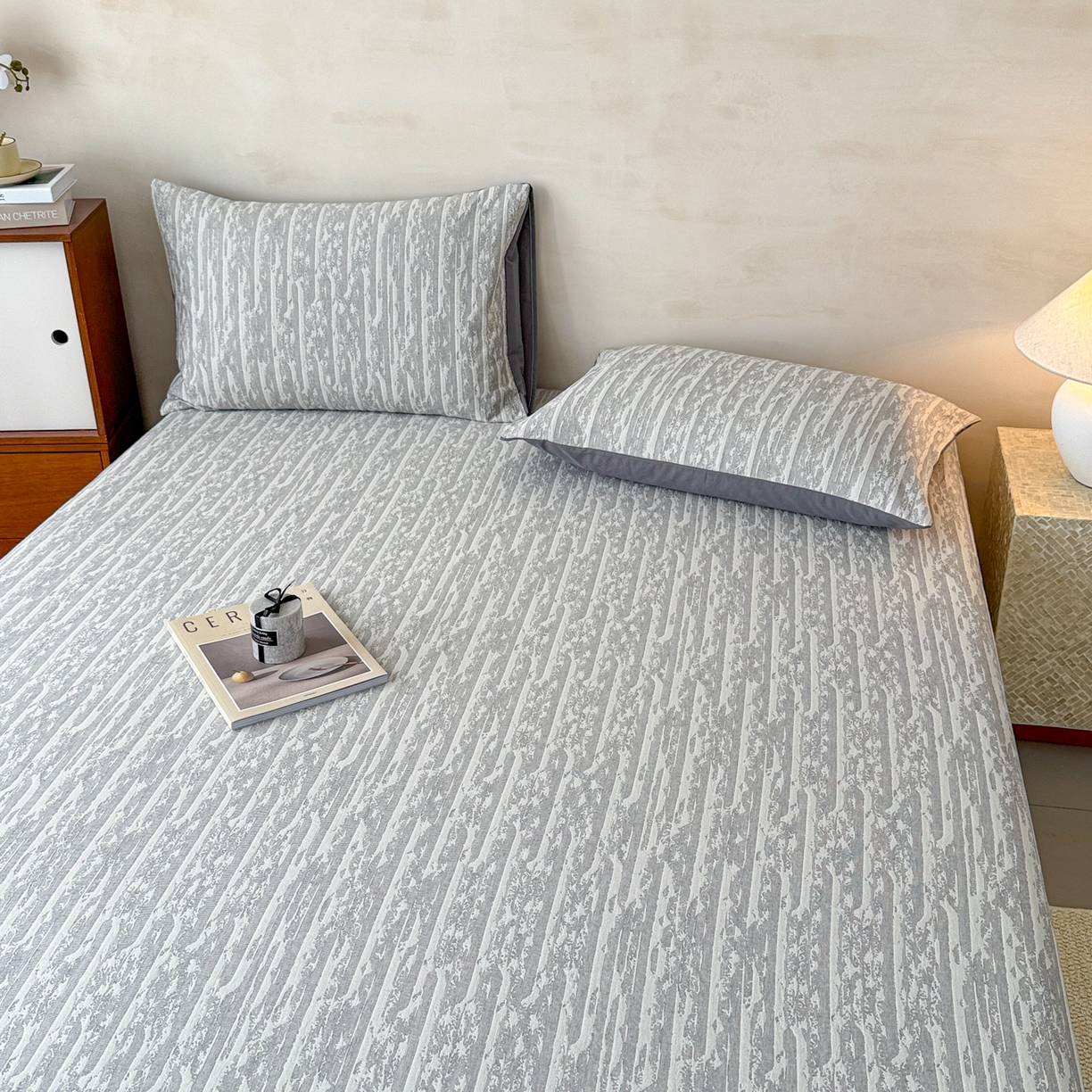 91家纺网 家纺一手货源 找家纺 眠博士 2025新款全棉纯棉三层纱床笠单品床笠床笠单件 三层纱床笠-流光灰