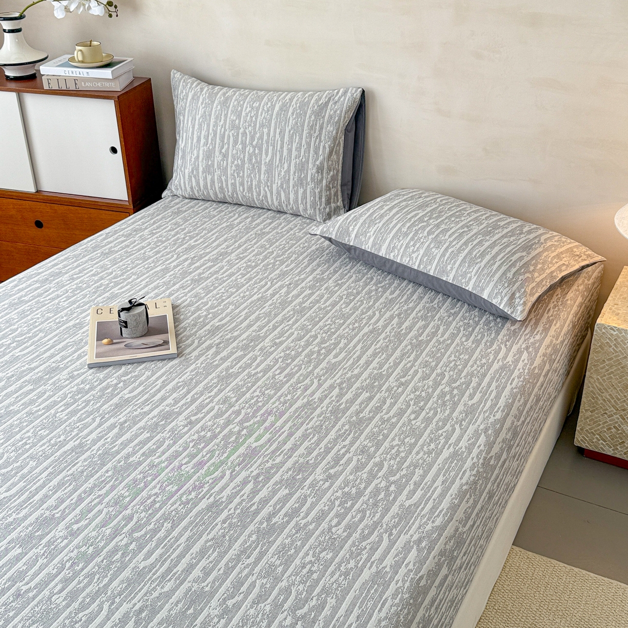 91家纺网 家纺一手货源 找家纺 眠博士 2025新款全棉纯棉三层纱床笠单品床笠床笠单件 三层纱床笠-流光灰