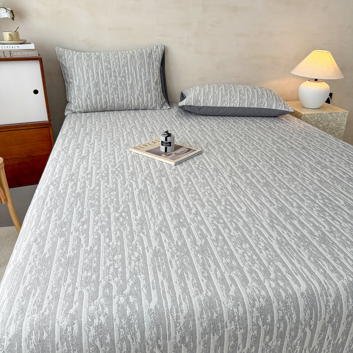 91家纺网 家纺一手货源 找家纺 眠博士 2025新款全棉纯棉三层纱床笠单品床笠床笠单件 三层纱床笠-流光灰