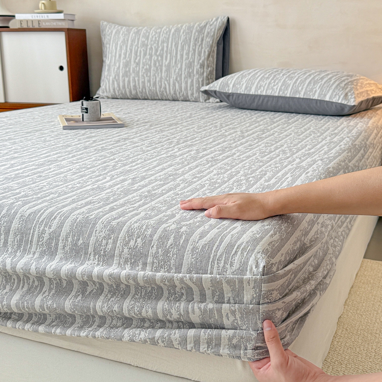 91家纺网 家纺一手货源 找家纺 眠博士 2025新款全棉纯棉三层纱床笠单品床笠床笠单件 三层纱床笠-流光灰