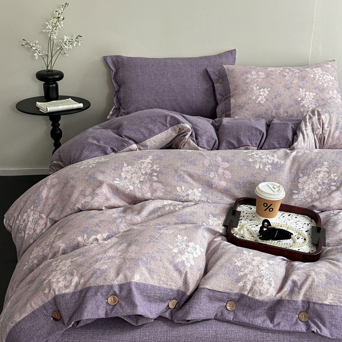 91家纺网 家纺一手货源 找家纺 （总）七里香 2025秋冬新款A类加厚高克重亚麻复古风双层纱印花四件套