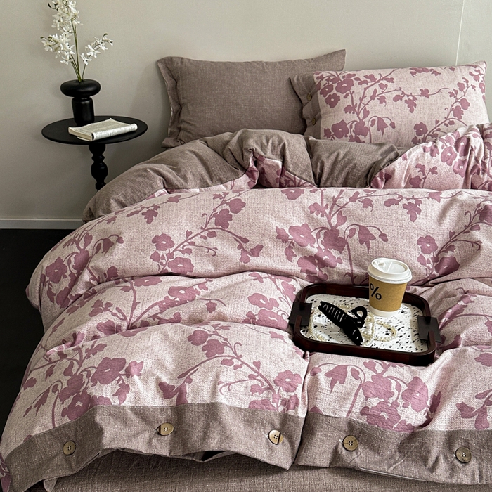 91家纺网 家纺一手货源 找家纺 （总）七里香 2025秋冬新款A类加厚高克重亚麻复古风双层纱印花四件套