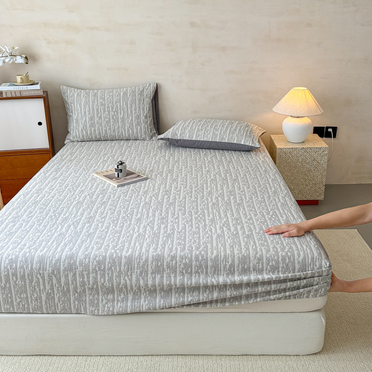 91家纺网 家纺一手货源 找家纺 眠博士 2025新款全棉纯棉三层纱床笠单品床笠床笠单件 三层纱床笠-流光灰