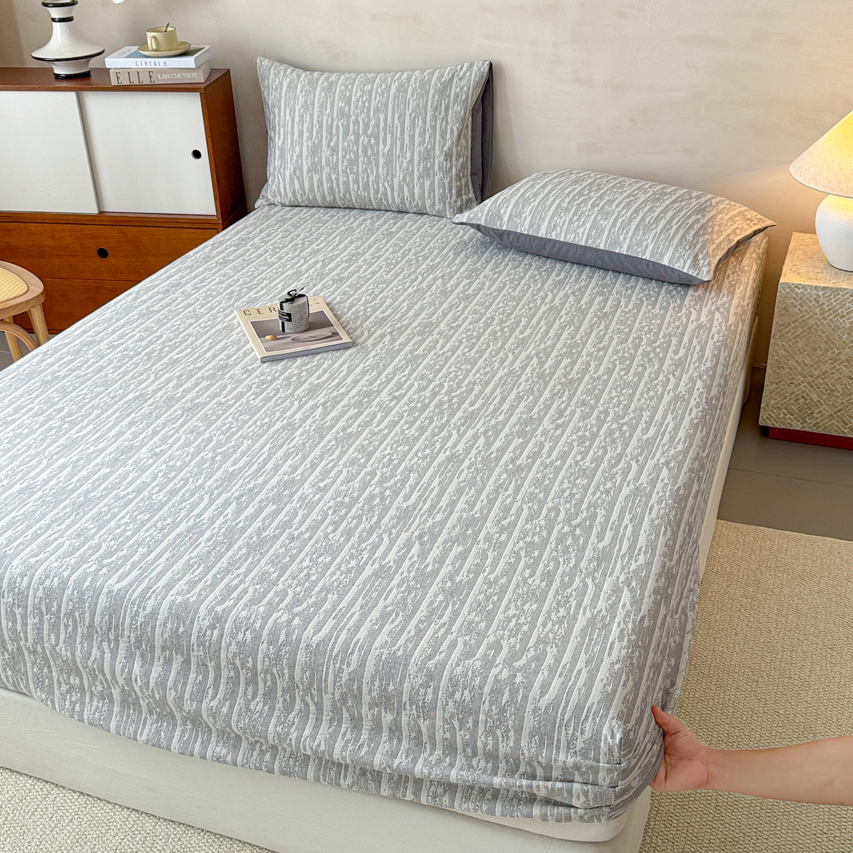 91家纺网 家纺一手货源 找家纺 眠博士 2025新款全棉纯棉三层纱床笠单品床笠床笠单件 三层纱床笠-流光灰