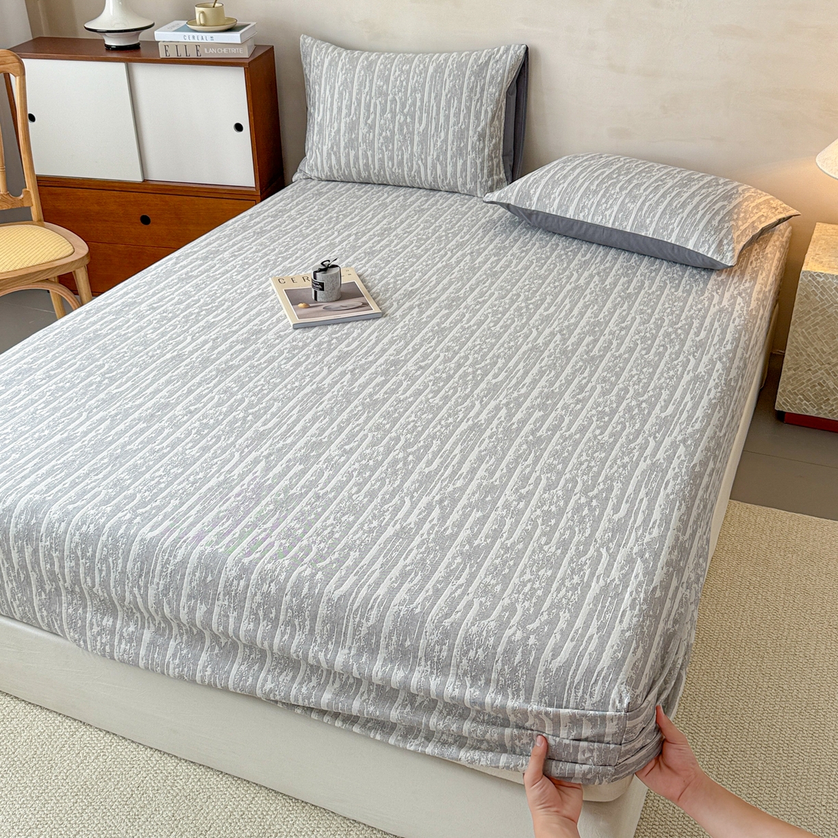 91家纺网 家纺一手货源 找家纺 眠博士 2025新款全棉纯棉三层纱床笠单品床笠床笠单件 三层纱床笠-流光灰