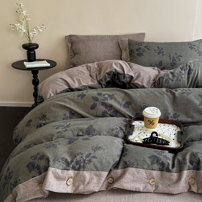 七里香 2025秋冬新款A类加厚高克重亚麻复古风双层纱印花四件套 一叶