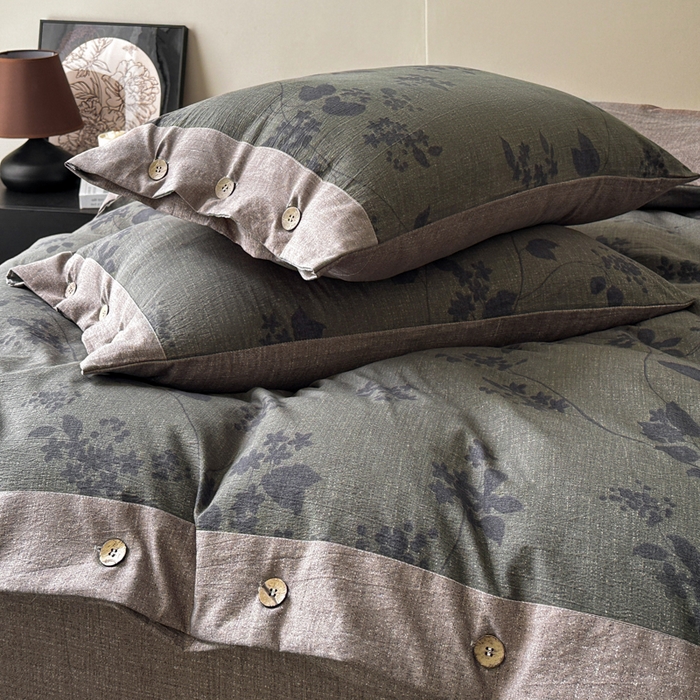 91家纺网 家纺一手货源 找家纺 七里香 2025秋冬新款A类加厚高克重亚麻复古风双层纱印花四件套 一叶