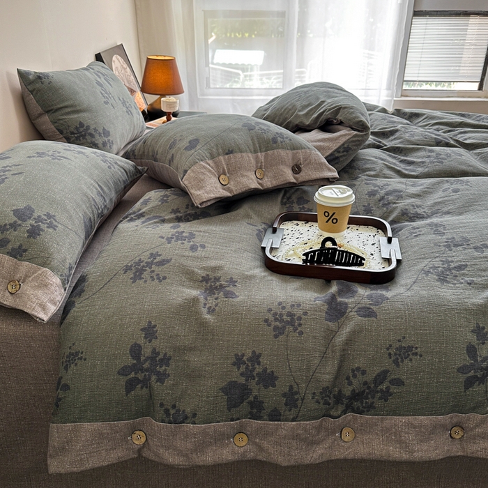 91家纺网 家纺一手货源 找家纺 七里香 2025秋冬新款A类加厚高克重亚麻复古风双层纱印花四件套 一叶