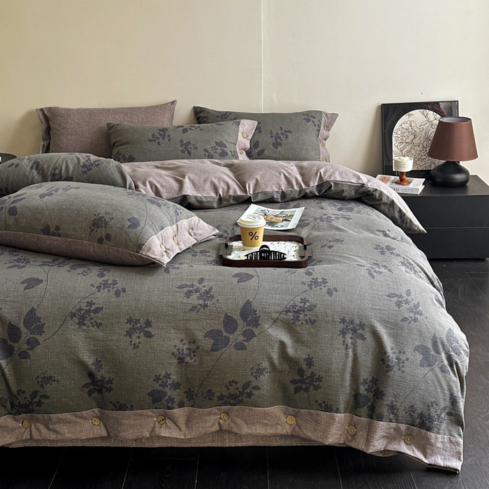 91家纺网 家纺一手货源 找家纺 七里香 2025秋冬新款A类加厚高克重亚麻复古风双层纱印花四件套 一叶