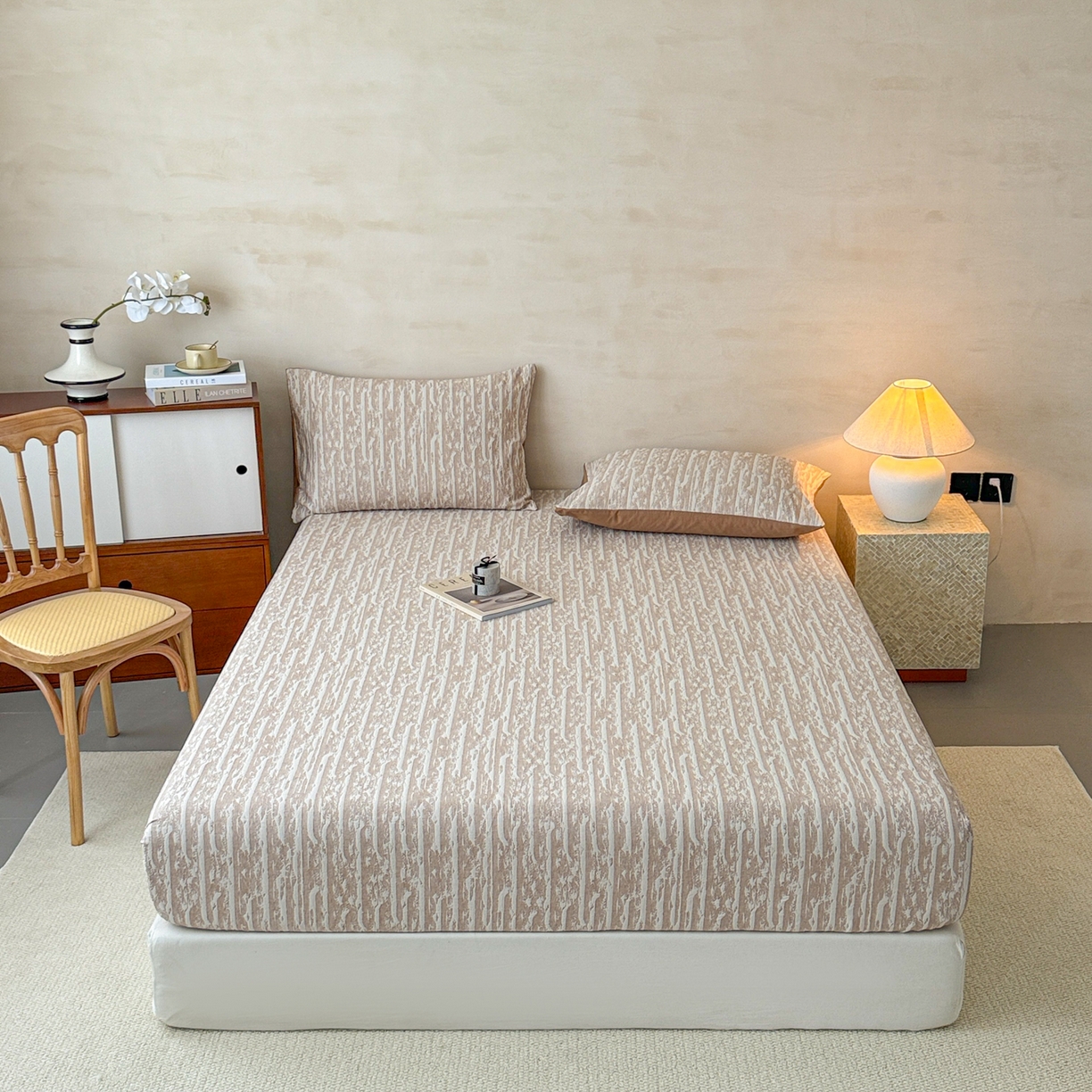 91家纺网 家纺一手货源 找家纺 眠博士 2025新款全棉纯棉三层纱床笠单品床笠床笠单件 三层纱床笠-流光卡其