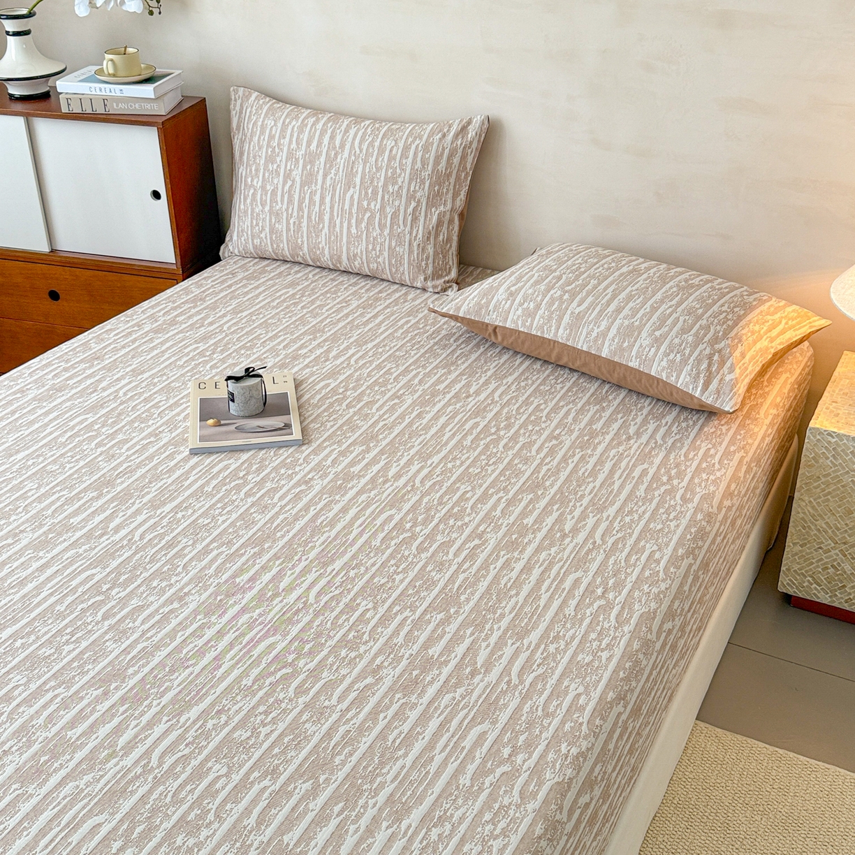 91家纺网 家纺一手货源 找家纺 眠博士 2025新款全棉纯棉三层纱床笠单品床笠床笠单件 三层纱床笠-流光卡其