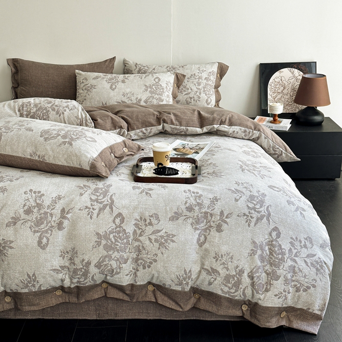 91家纺网 家纺一手货源 找家纺 七里香 2025秋冬新款A类加厚高克重亚麻复古风双层纱印花四件套 城堡花园