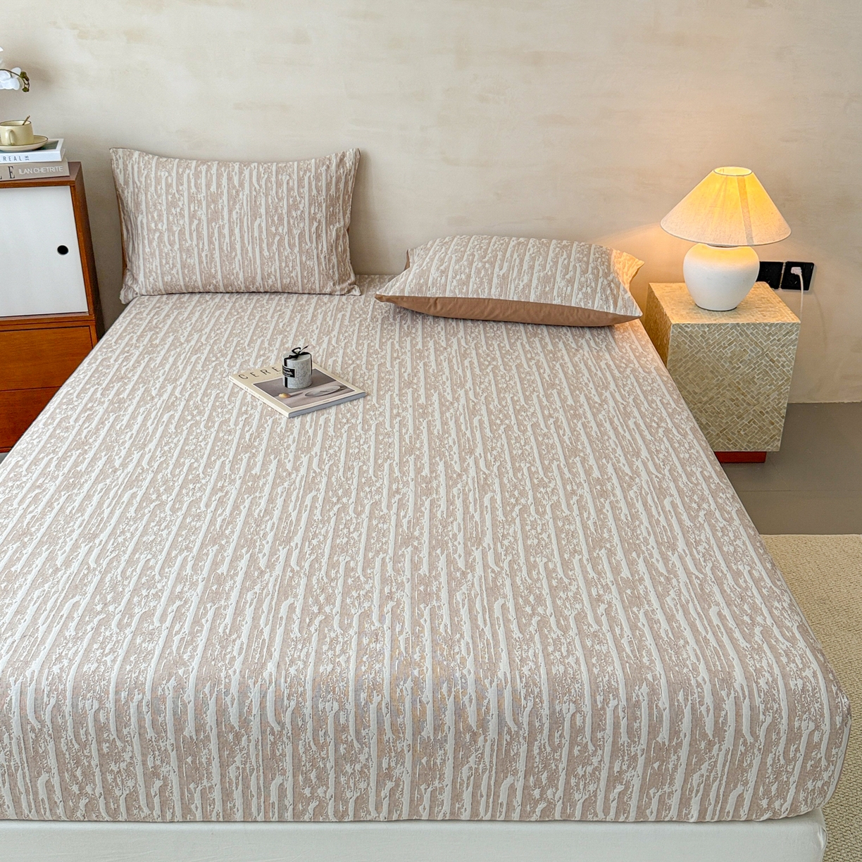 91家纺网 家纺一手货源 找家纺 眠博士 2025新款全棉纯棉三层纱床笠单品床笠床笠单件 三层纱床笠-流光卡其