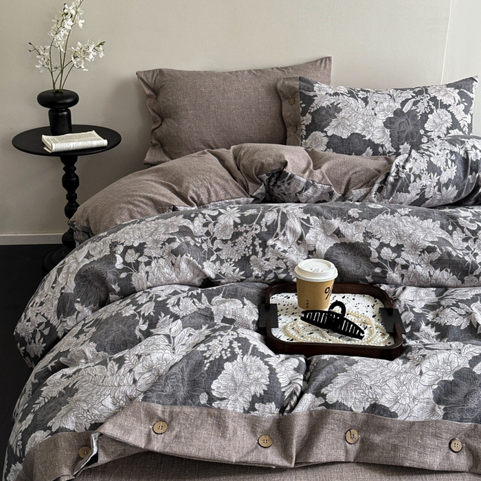 七里香 2025秋冬新款A类加厚高克重亚麻复古风双层纱印花四件套 浮绘花影