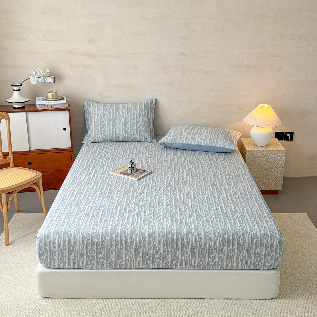 91家纺网 家纺一手货源 找家纺 眠博士 2025新款全棉纯棉三层纱床笠单品床笠床笠单件 三层纱床笠-流光蓝