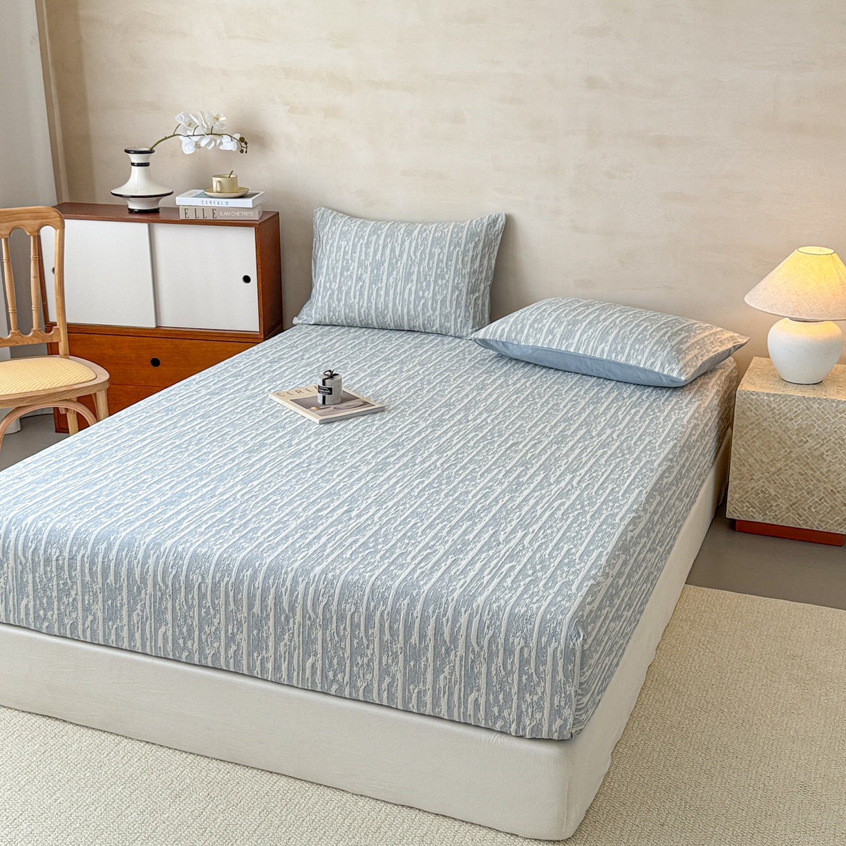 91家纺网 家纺一手货源 找家纺 眠博士 2025新款全棉纯棉三层纱床笠单品床笠床笠单件 三层纱床笠-流光蓝