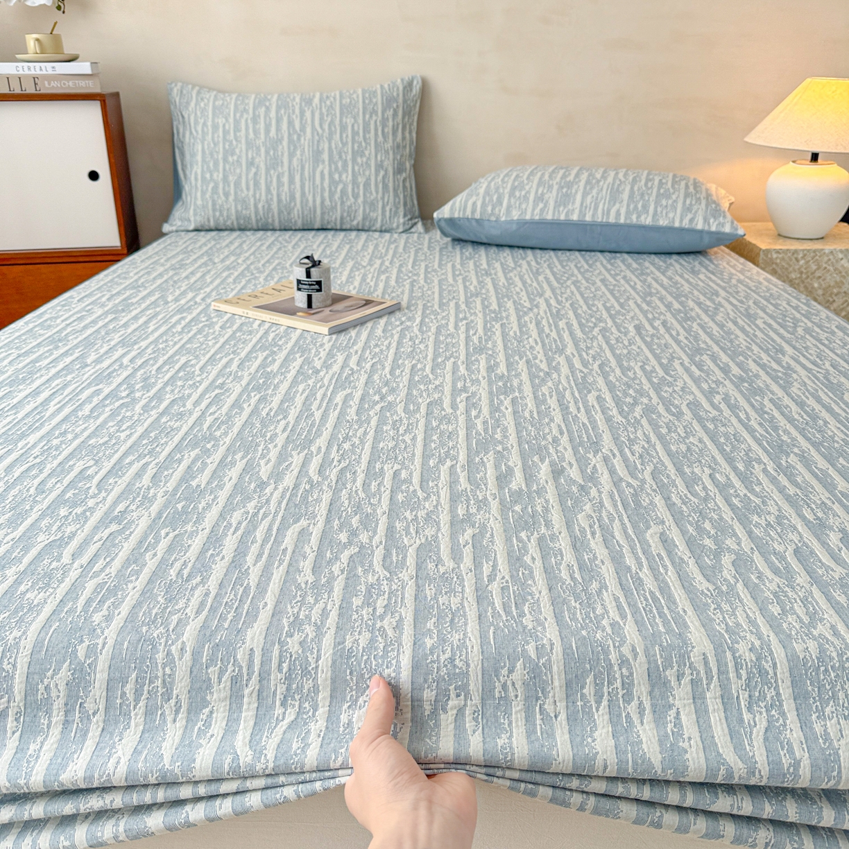 91家纺网 家纺一手货源 找家纺 眠博士 2025新款全棉纯棉三层纱床笠单品床笠床笠单件 三层纱床笠-流光蓝