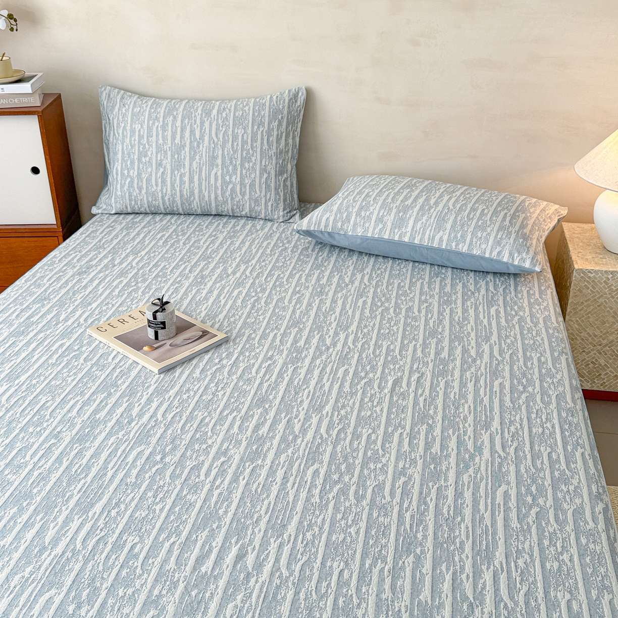 91家纺网 家纺一手货源 找家纺 眠博士 2025新款全棉纯棉三层纱床笠单品床笠床笠单件 三层纱床笠-流光蓝