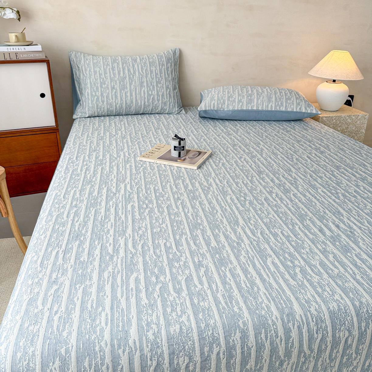 91家纺网 家纺一手货源 找家纺 眠博士 2025新款全棉纯棉三层纱床笠单品床笠床笠单件 三层纱床笠-流光蓝