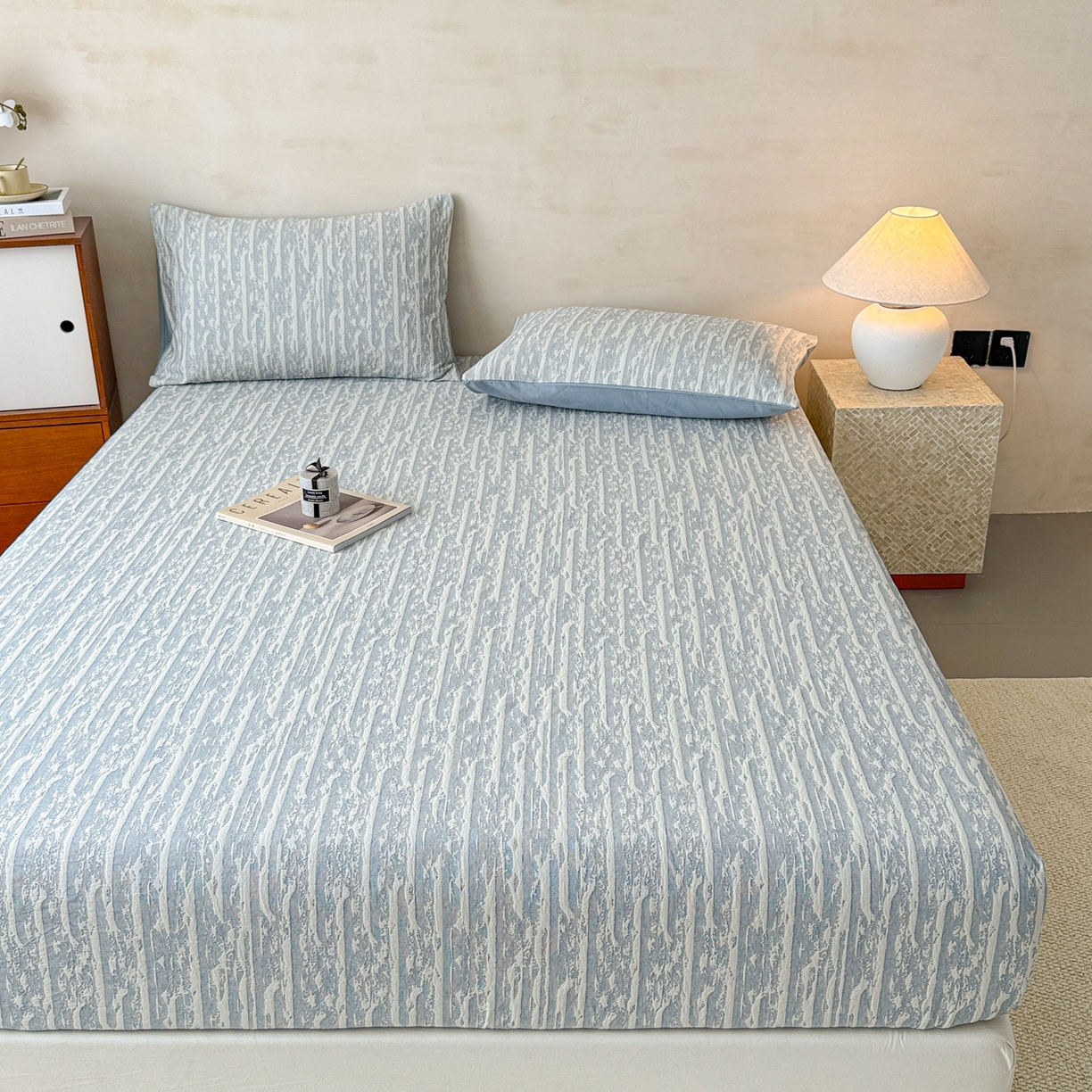 91家纺网 家纺一手货源 找家纺 眠博士 2025新款全棉纯棉三层纱床笠单品床笠床笠单件 三层纱床笠-流光蓝