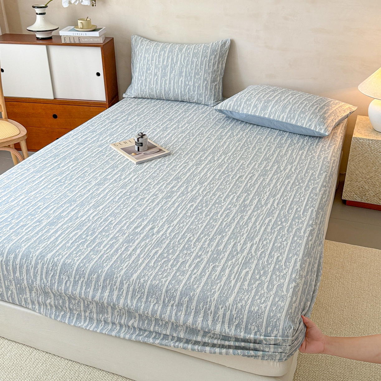 91家纺网 家纺一手货源 找家纺 眠博士 2025新款全棉纯棉三层纱床笠单品床笠床笠单件 三层纱床笠-流光蓝