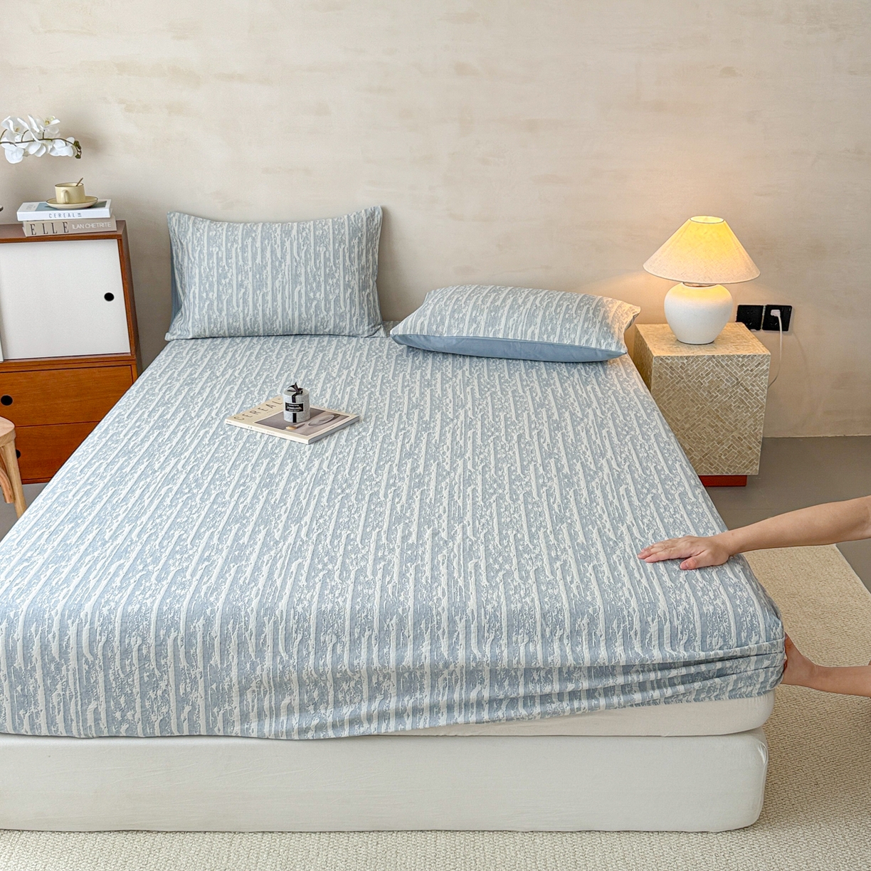 91家纺网 家纺一手货源 找家纺 眠博士 2025新款全棉纯棉三层纱床笠单品床笠床笠单件 三层纱床笠-流光蓝