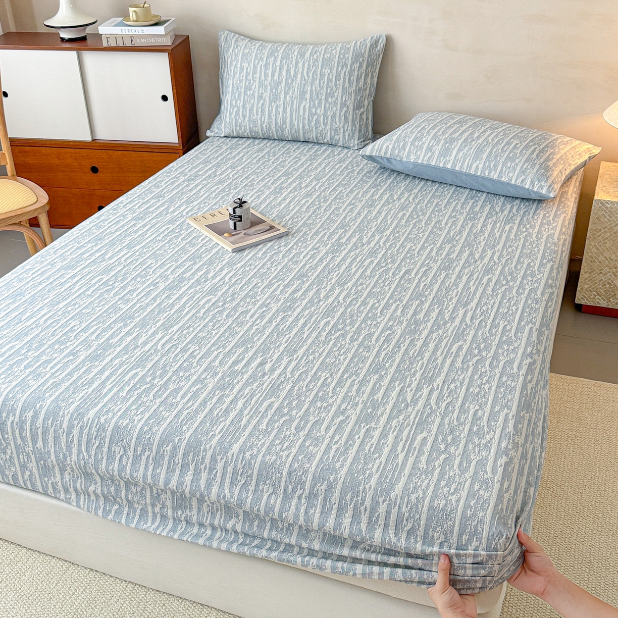 91家纺网 家纺一手货源 找家纺 眠博士 2025新款全棉纯棉三层纱床笠单品床笠床笠单件 三层纱床笠-流光蓝