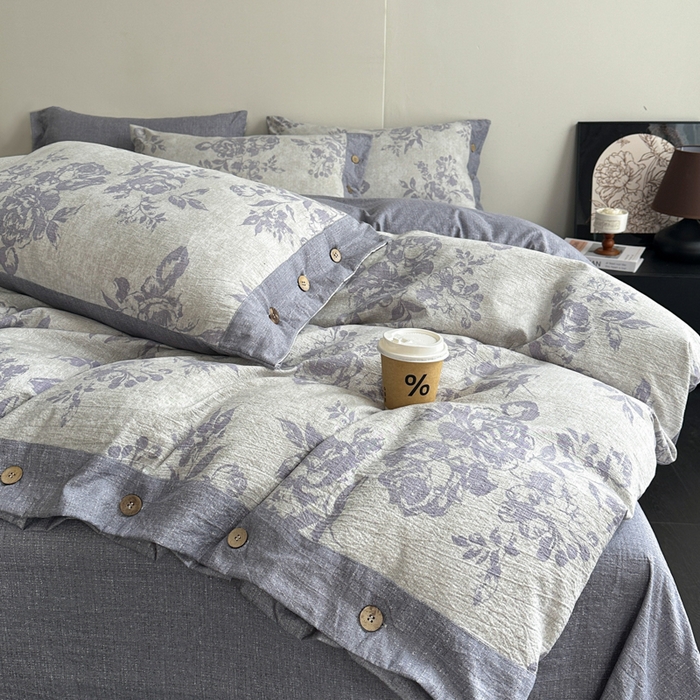 91家纺网 家纺一手货源 找家纺 七里香 2025秋冬新款A类加厚高克重亚麻复古风双层纱印花四件套 露娜