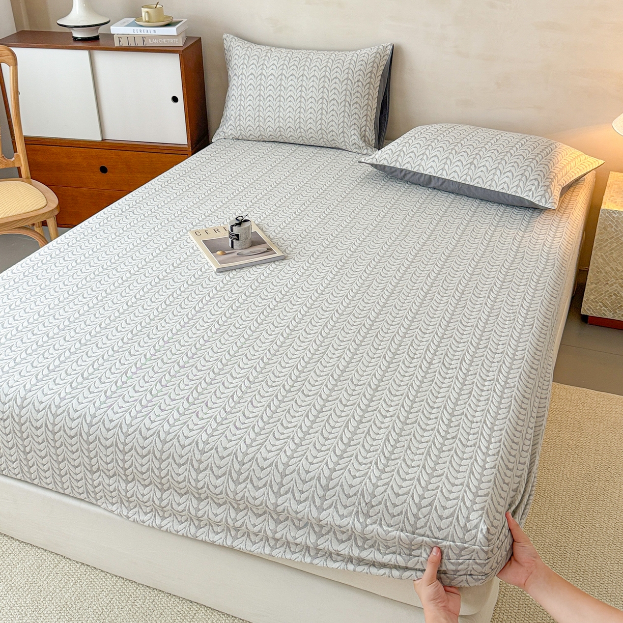 91家纺网 家纺一手货源 找家纺 眠博士 2025新款全棉纯棉三层纱床笠单品床笠床笠单件 三层纱床笠-荞麦灰