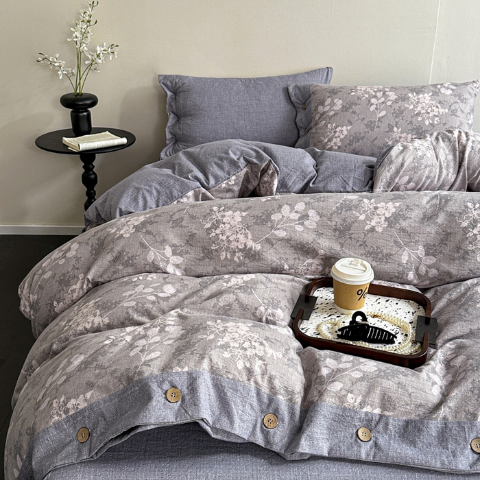 七里香 2025秋冬新款A类加厚高克重亚麻复古风双层纱印花四件套 曼妙花园-灰