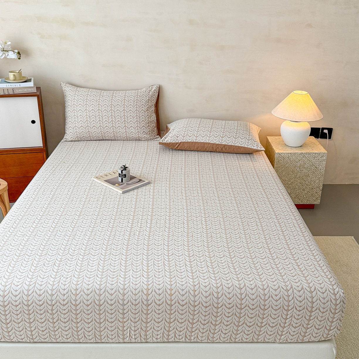 91家纺网 家纺一手货源 找家纺 眠博士 2025新款全棉纯棉三层纱床笠单品床笠床笠单件 三层纱床笠-荞麦卡其