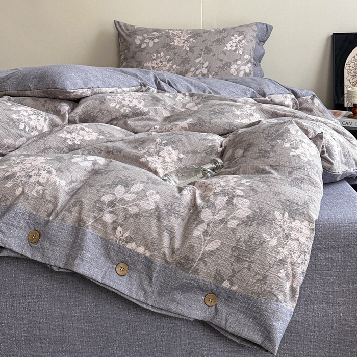 91家纺网 家纺一手货源 找家纺 七里香 2025秋冬新款A类加厚高克重亚麻复古风双层纱印花四件套 曼妙花园-灰