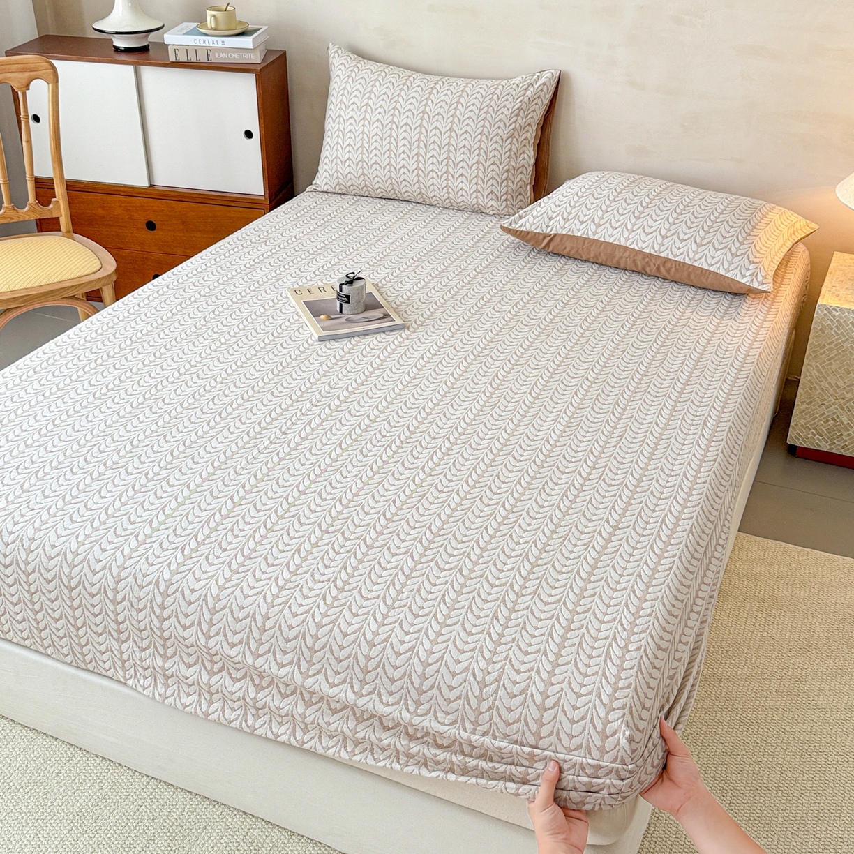 91家纺网 家纺一手货源 找家纺 眠博士 2025新款全棉纯棉三层纱床笠单品床笠床笠单件 三层纱床笠-荞麦卡其