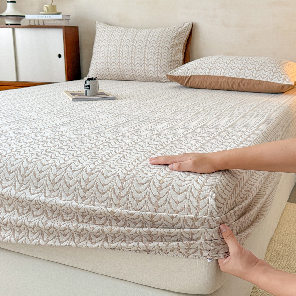 91家纺网 家纺一手货源 找家纺 眠博士 2025新款全棉纯棉三层纱床笠单品床笠床笠单件 三层纱床笠-荞麦卡其