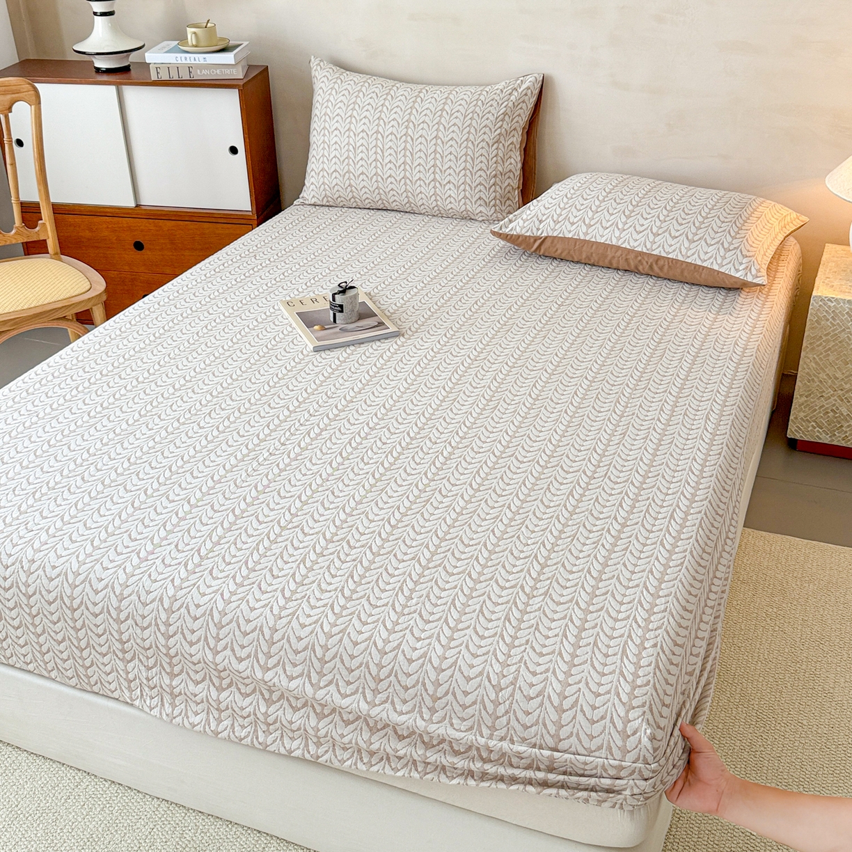 91家纺网 家纺一手货源 找家纺 眠博士 2025新款全棉纯棉三层纱床笠单品床笠床笠单件 三层纱床笠-荞麦卡其