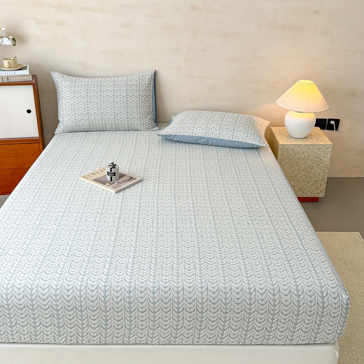 91家纺网 家纺一手货源 找家纺 眠博士 2025新款全棉纯棉三层纱床笠单品床笠床笠单件 三层纱床笠-荞麦蓝