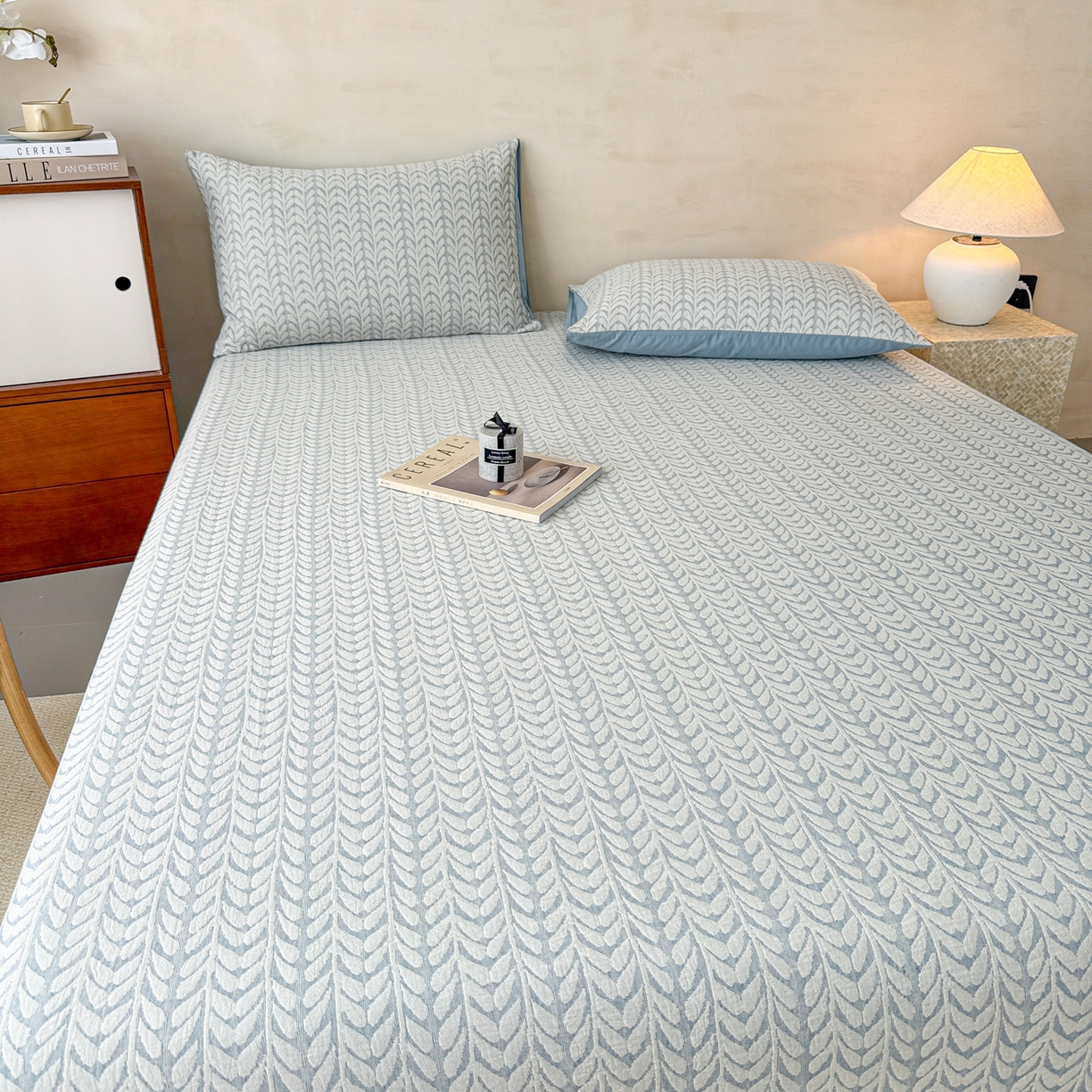 91家纺网 家纺一手货源 找家纺 眠博士 2025新款全棉纯棉三层纱床笠单品床笠床笠单件 三层纱床笠-荞麦蓝