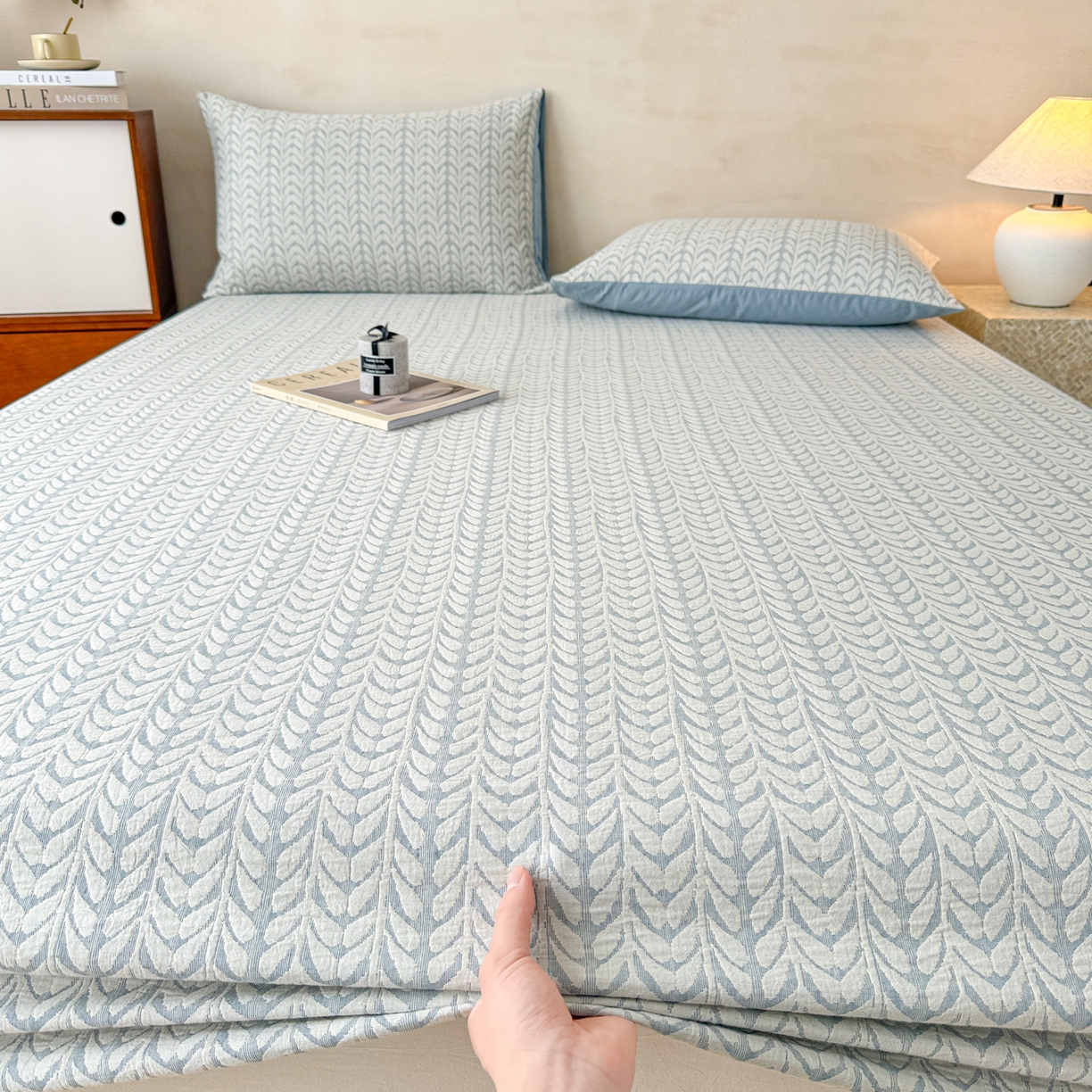 91家纺网 家纺一手货源 找家纺 眠博士 2025新款全棉纯棉三层纱床笠单品床笠床笠单件 三层纱床笠-荞麦蓝